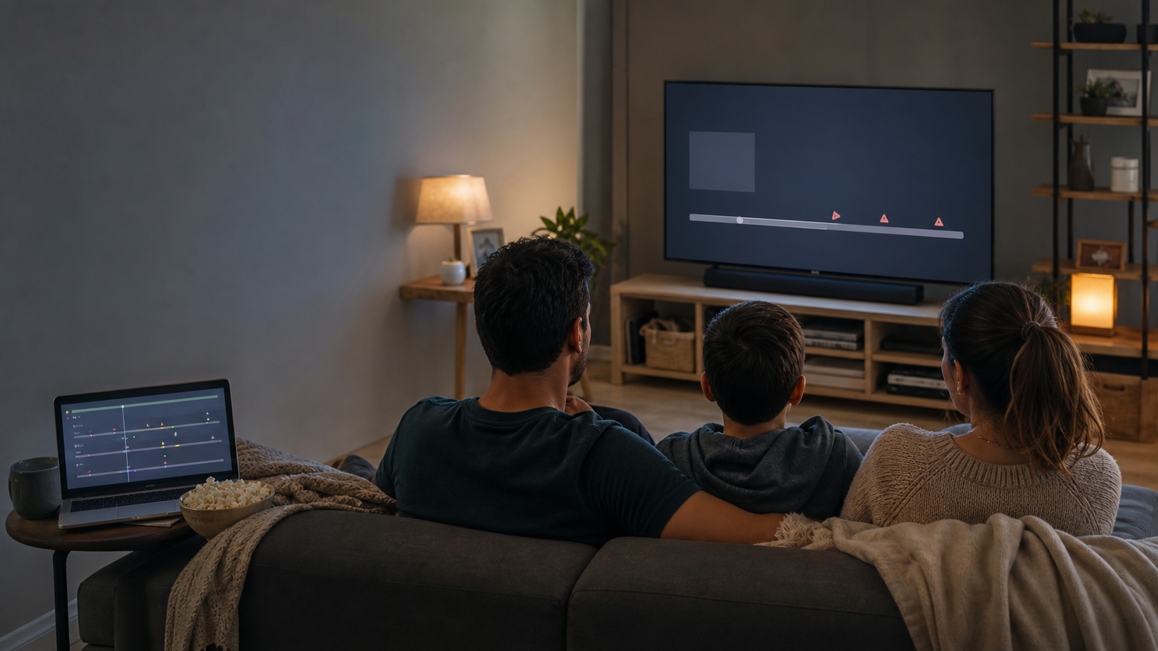 A family preparing for movie night with a subtitle timeline open on a laptop